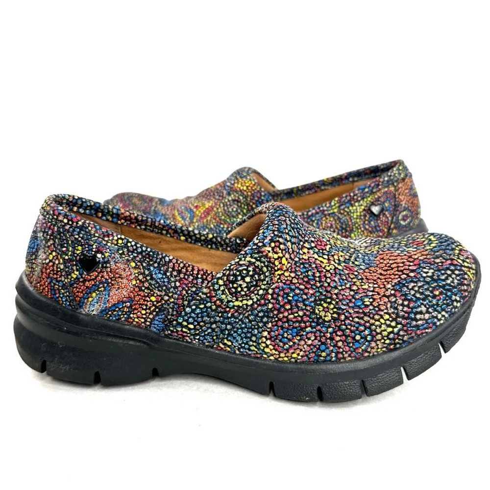 Nurse Mates Libby Women Size 7.5 Rainbow Dot Swirl Leather Clog Comfort Shoe
